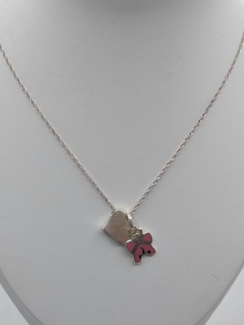Pink Pig + Heart Pendant Necklace on 18" Curblink Chain Sterling Silver 925
